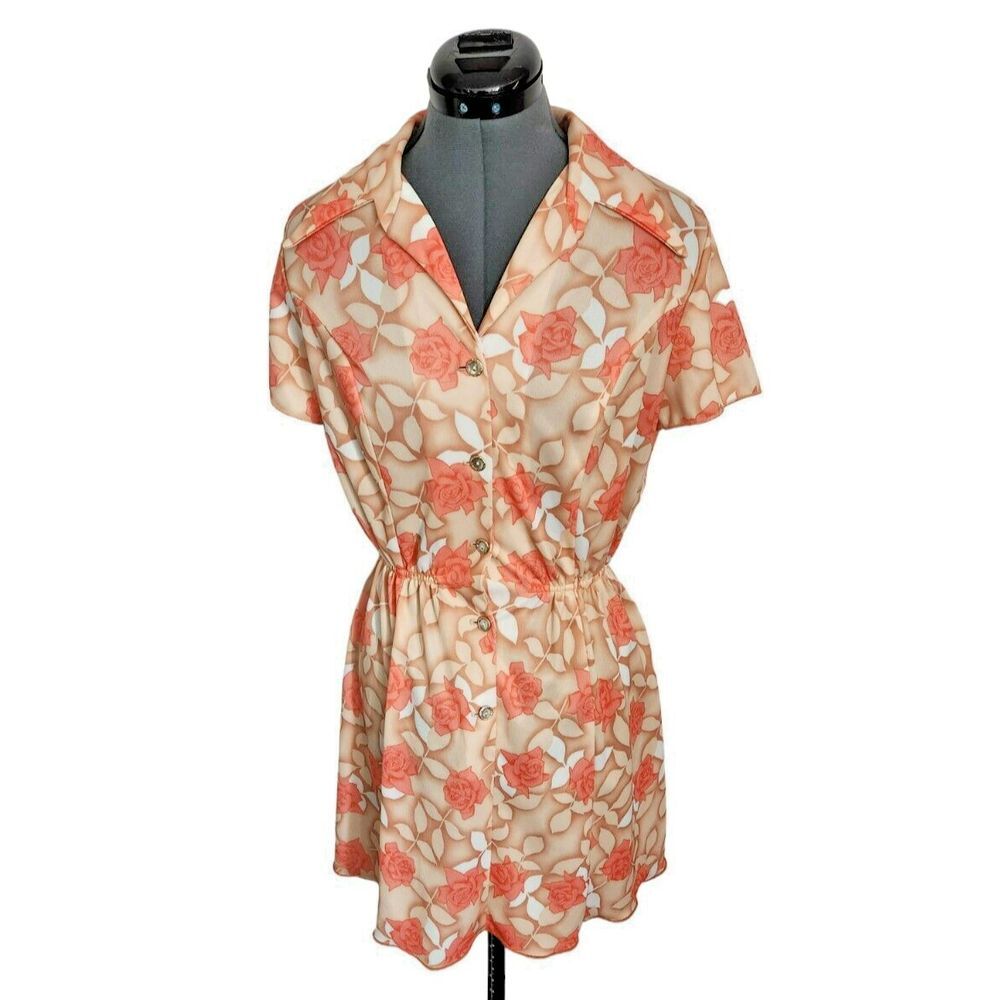 Vintage Rawson Square Peach‎ Floral Rose Button Front Elastic Waist Tunic Top